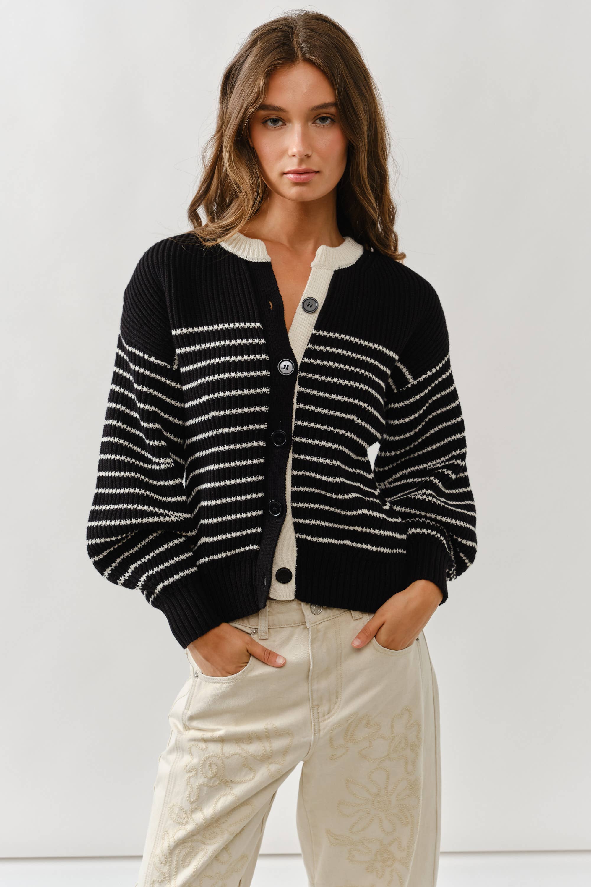 Voluminous Sleeve Stripe Cardigan - ACME FINE GOODS