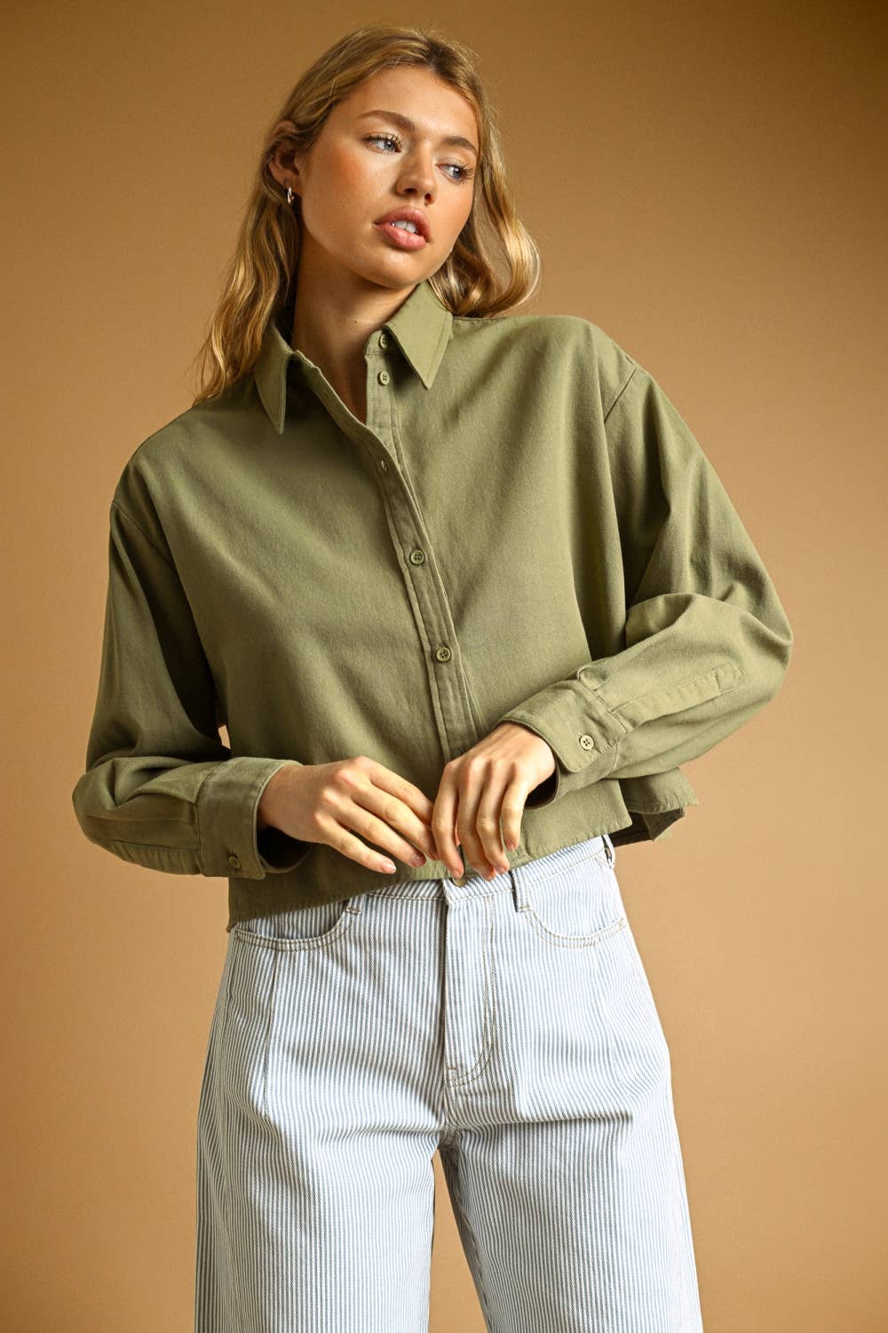 LS Button-Down Cropped Shirt