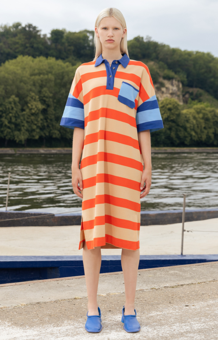navy and orange striped dress Orange Red and Navy Stripe Dress, Sz S, Pre-owned