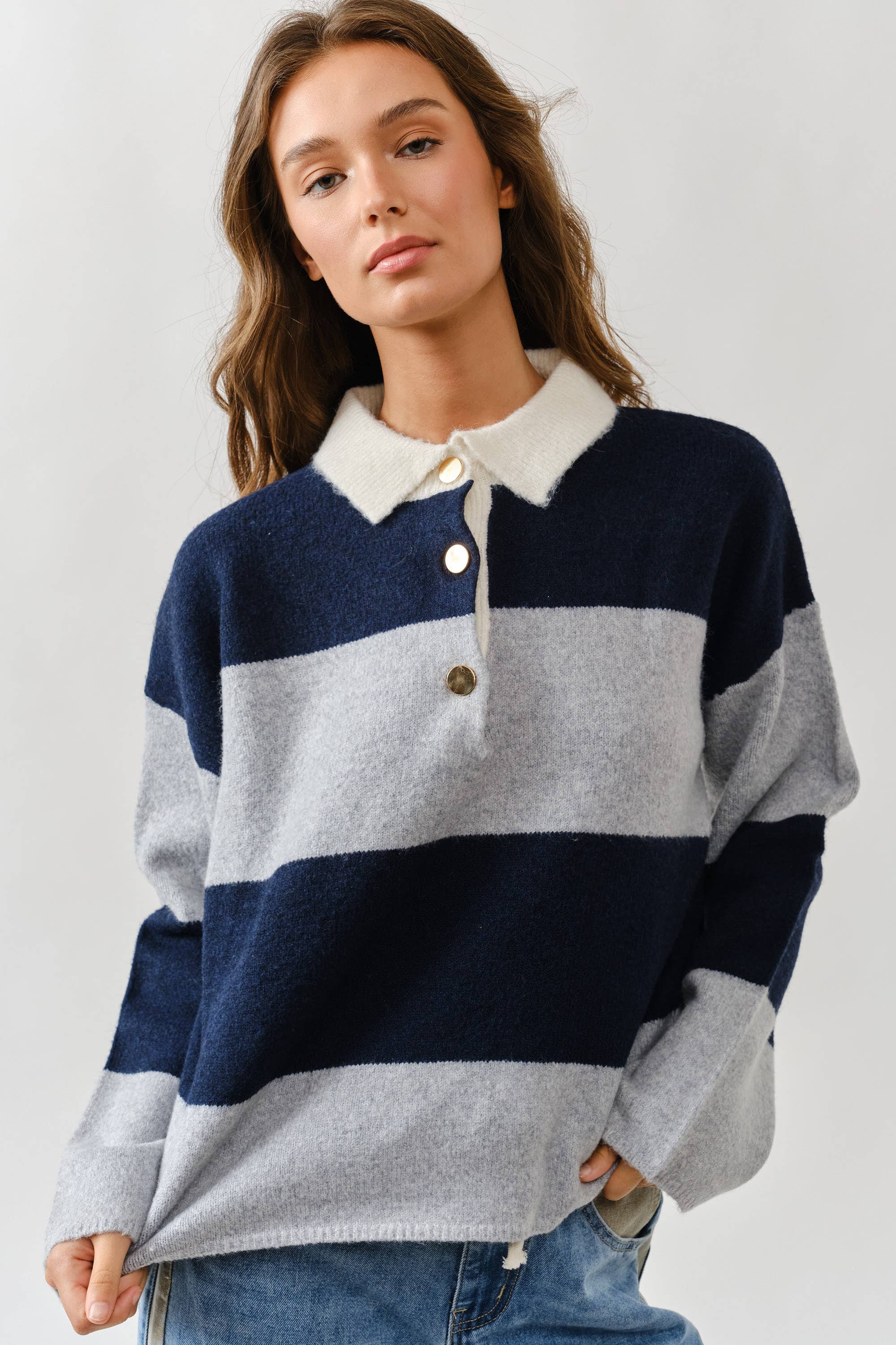Striped Polo Neck Sweater - ACME FINE GOODS