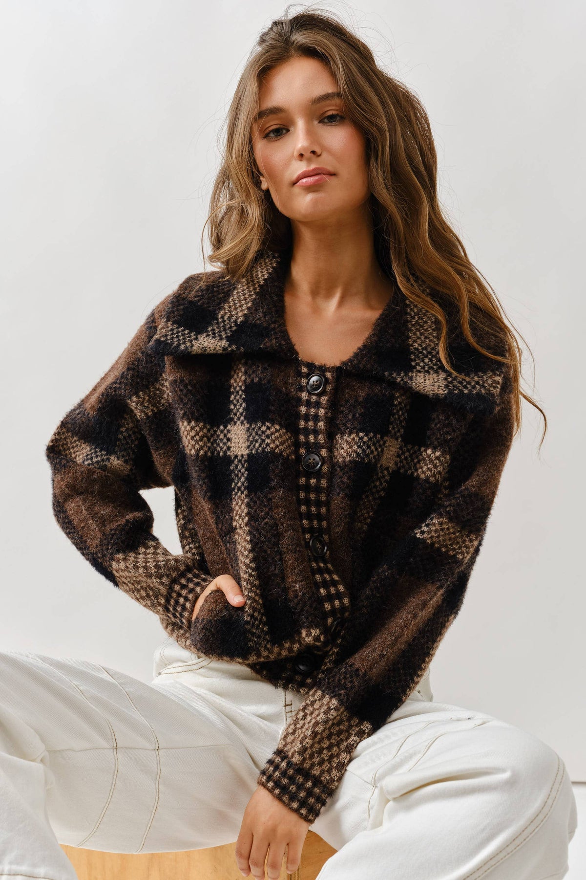 MAJ3293 PLAID BUTTON DOWN CARDIGAN - ACME FINE GOODS