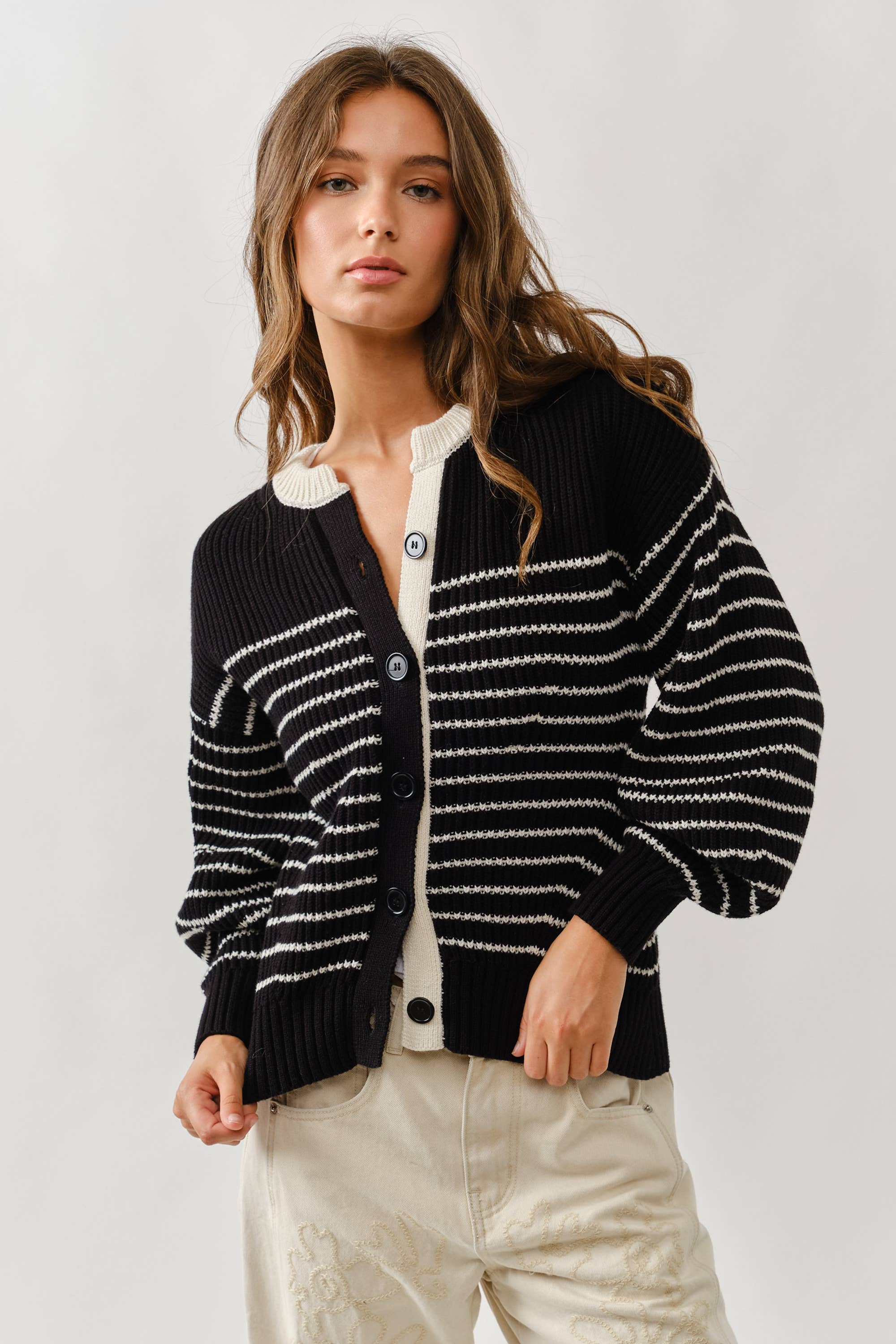 Voluminous Sleeve Stripe Cardigan - ACME FINE GOODS